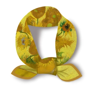 Artistic Van Gogh Sunflower painting pattern silk square scarf tied in an elegant knot