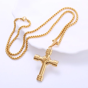 Classic 18k gold plated stainless steel necklace with a dumbbell cross pendant on box chain