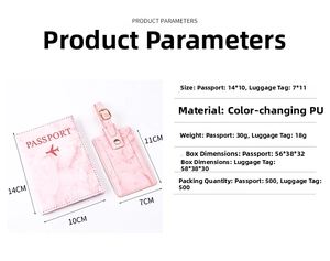 Pink marble PU leather passport holder and luggage tag set with product dimensions