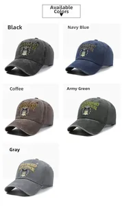 Detailed view of washed cotton baseball caps with Retired Airforce embroidery in five colors