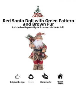Detail of Santa Claus doll with vintage lantern and pine cone bag on white background