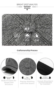 Detail view of herringbone cap showing fixed peak, stitched top, and cotton sweatband