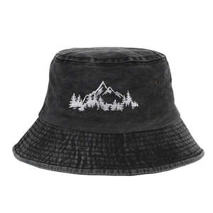 Washed Cotton Bucket Hat With Mountain Forest Embroidery Outdoor Sun Protection Fisherman Hat For Men Women Casual Hiking