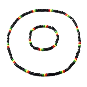 Handmade reggae style black wood bead elastic necklace and bracelet jewelry set