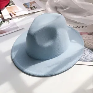 Detail of light blue wool fedora hat with a flat wide brim on a lifestyle background