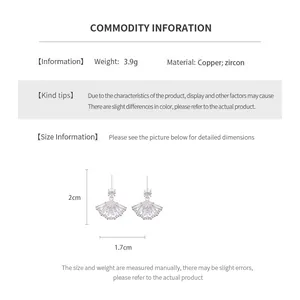 Detailed size chart for fan-shaped zircon earrings with copper and 2cm height dimensions