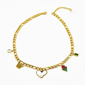 Gold tulip and heart necklace featuring teardrop cubic zirconia and hollow butterfly charms