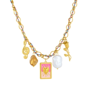 Colorful woven cord necklace with gold musical note, heart charm and pearl accents