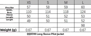 Detailed size chart for women casual bomber jacket featuring bust and length measurements