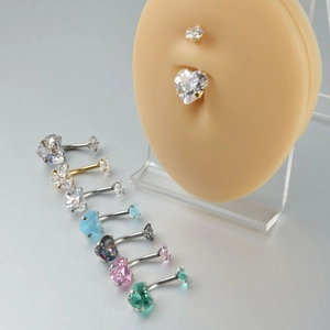 14G heart zirconia belly ring set and model display of the curved stainless steel bar
