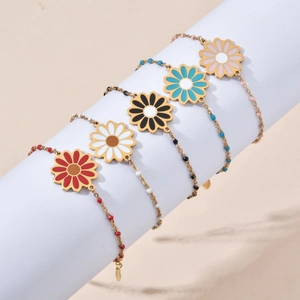 Stainless Steel Daisy Flower Pendant Bracelet French Fashion Enamel Beaded Adjustable Chain For Women Girls