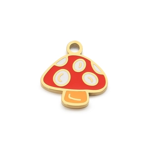 Colorful mushroom pendant in gold stainless steel with red and orange enamel finish