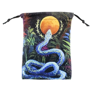 Blue snake and moon printed velvet tarot drawstring bag for crystals and dice storage