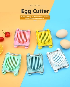 Multi-colored manual egg slicers with stainless steel wires on a colorful background