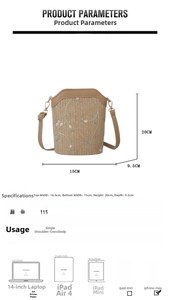 Tableau des tailles détaillé du sac seau en paille avec broderie et dimensions