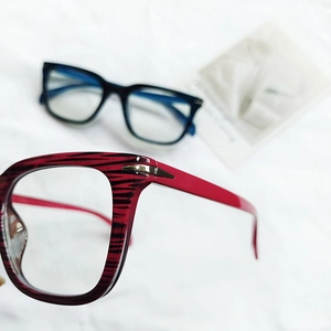 Retro square anti-blue light glasses frames in candy colors featuring red and black stripes