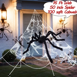 Detailed view of giant 50-inch black furry spider with 16ft white cobweb outdoor decor
