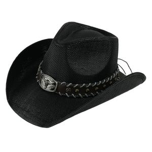 Black western cowboy hat with decorative bull head buckle and brown leather band