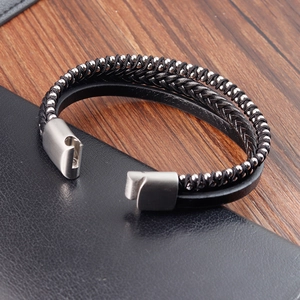 Double-layer black braided leather bracelet with silver beads and magnetic metal clasp