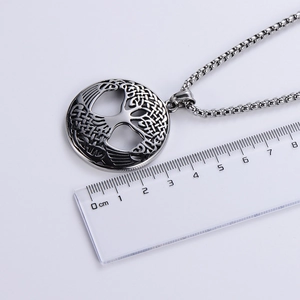 Silver tree of life pendant necklace in stainless steel with measurement reference
