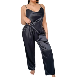 Women's black satin pajama set with cowl neck camisole and loose-fitting long trousers