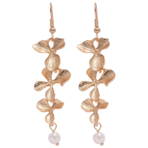 Elegant gold metal flower earrings with pearl tassels and minimalist hook design for women