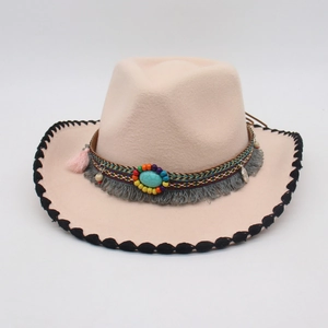 Pink bohemian fedora hat with turquoise beads and ethnic tassel band decoration