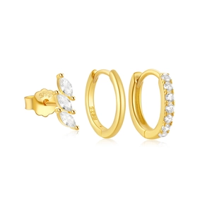 Detailed view of gold plated S925 sterling silver earring set with clear hallmark