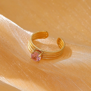 18k gold plated stainless steel open ring with multilayer band and pink zircon stone