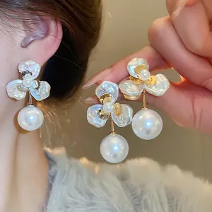 Elegant Floral Petal Dangle Earrings With 925 Sterling Silver Earring Post And Large Round Imitation Artificial Pearl For Women