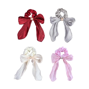 Elegant satin bow scrunchies with pearls in red, grey, beige and pink 4-pack set