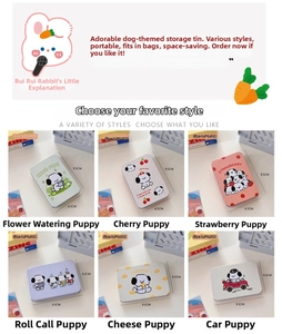 Detail showing various cartoon dog tin boxes with a 9.5x6.5cm compact storage size