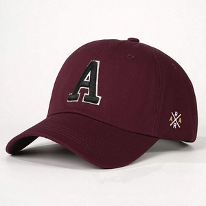 Adjustable burgundy cotton baseball cap with 3D letter A embroidery and side logo