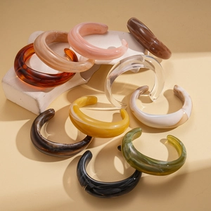 Chic acrylic resin C-shaped open bangles in multiple colors with marble textures