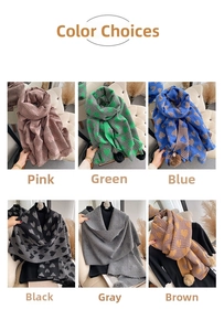 Six-color collection of houndstooth and heart pattern knitted scarves with pom-poms