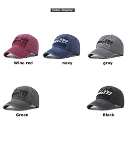 Detailed view of Los Angeles vintage baseball caps in five washed denim color options
