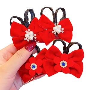 Red bow hair clips with pearls, rhinestones and braided faux hair for girls