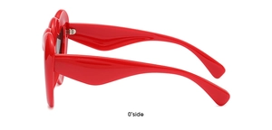 Side view of vibrant red heart-shaped sunglasses with thick glossy plastic frames