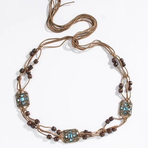 Bohemian braided waist belt with brown wooden beads and blue rhinestone accents