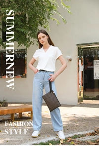 Fashionable brown checkered clutch bag held by model for casual summer style