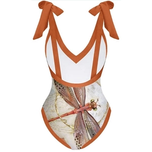 One-piece swimsuit with orange dragonfly print and stylish shoulder bow straps