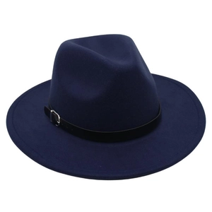 Detailed view of navy blue wool fedora featuring a black leather band and silver buckle
