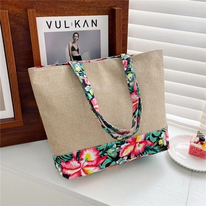 Ethnic style linen canvas tote bag with floral patterns and large capacity for women