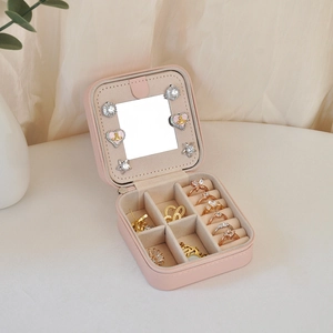 Portable pink PU leather jewelry organizer box with mirror, rings and earrings compartments