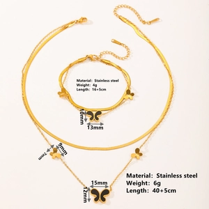 Golden stainless steel double-layered butterfly necklace and bracelet jewelry set