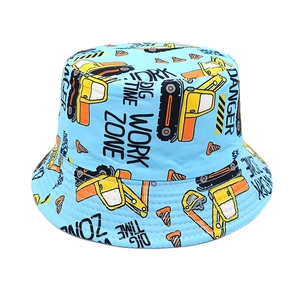 Detail of light blue kids bucket hat with yellow excavator print and Work Zone text