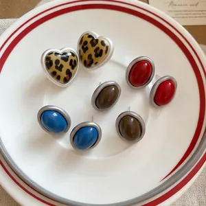 Vintage Heart Leopard Print And Oval Acrylic Stud Earrings With Silver Earring Post For Women Elegant Jewelry Accessory