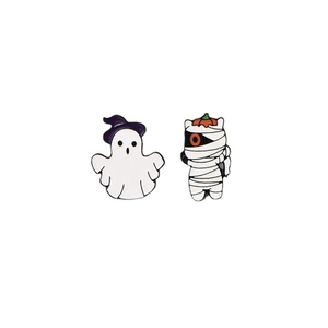 Cute Halloween ghost and mummy enamel pins set with purple wizard hat and orange pumpkin