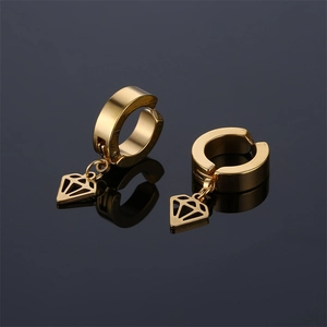 Minimalist gold stainless steel geometric diamond shaped clip-on earrings for men