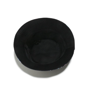 Detailed top view of black bucket hat interior showing durable fabric and stitching